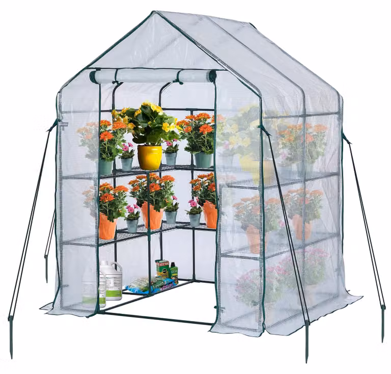 Serra con 10 ripiani, realizzata con telo in polietilene rinforzato, struttura in acciaio, dimensioni 143x143x195 cm, ideale per l'uso in giardino