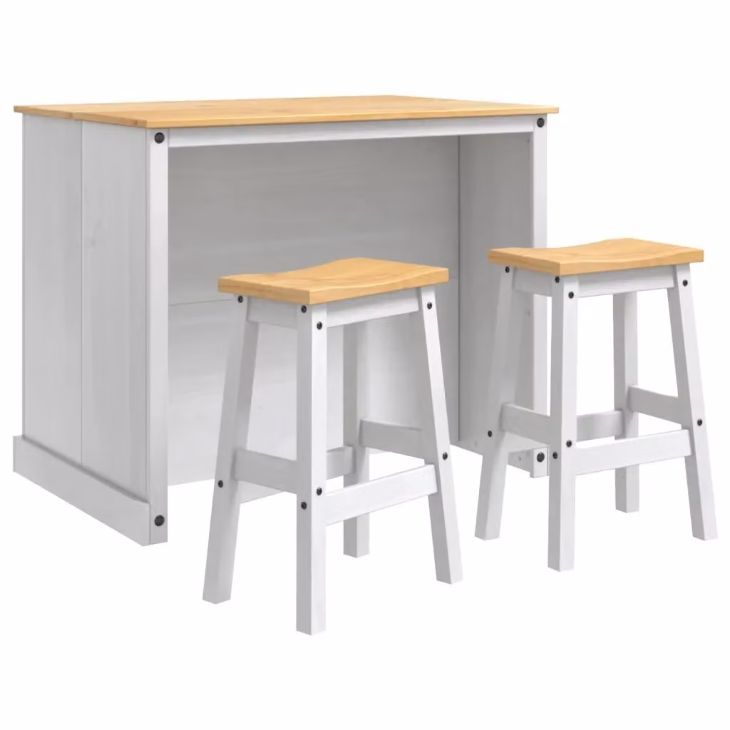 Set isola da cucina vidaXL in 3 pezzi in pino massello bianco e cera di miele L/P/H: 112,0 x 91,5 x 77,0 cm – 2
