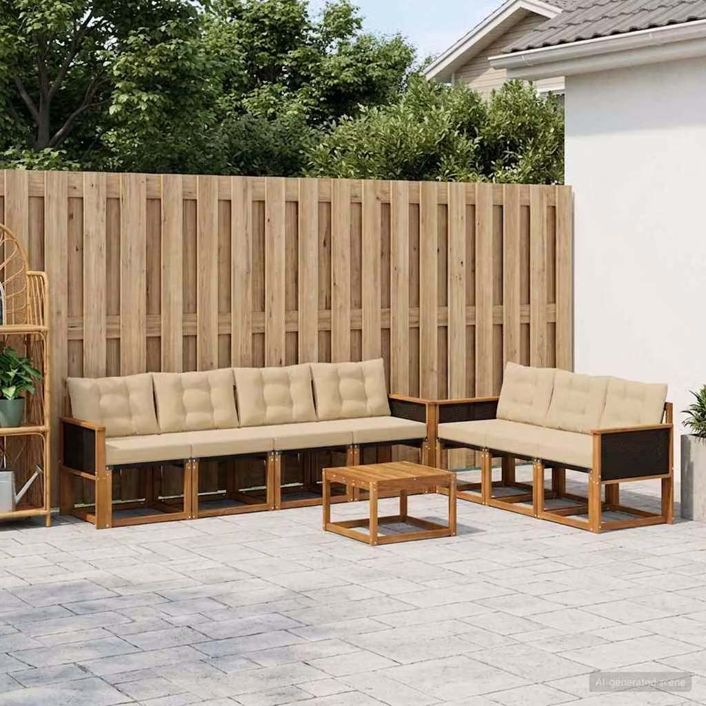 Set di divani da esterno vidaXL 8 pz in legno di acacia con tavolino e cuscini, colore beige e naturale