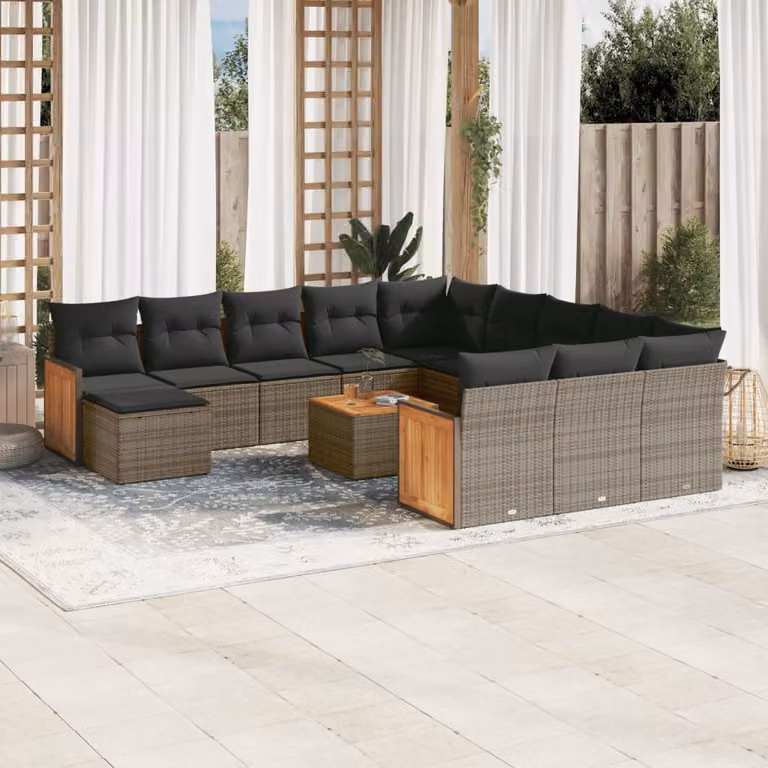 vidaXL Set Divani da Giardino a Forma di L in Polyrattan Grigio con 13 Pezzi e Cuscini