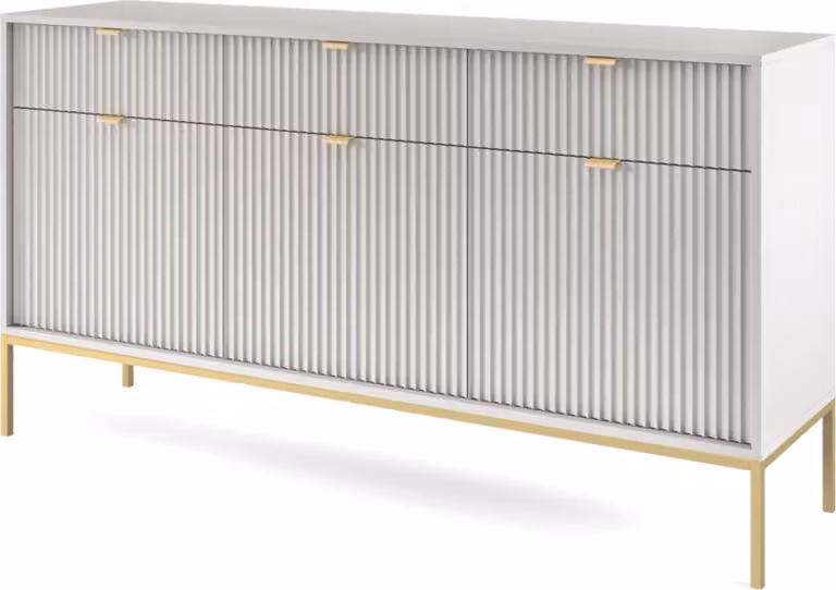 Cassettiera: 3 cassetti, 3 ante, grigio, oro, 154 x 83 x 39 cm, maniglie dorate