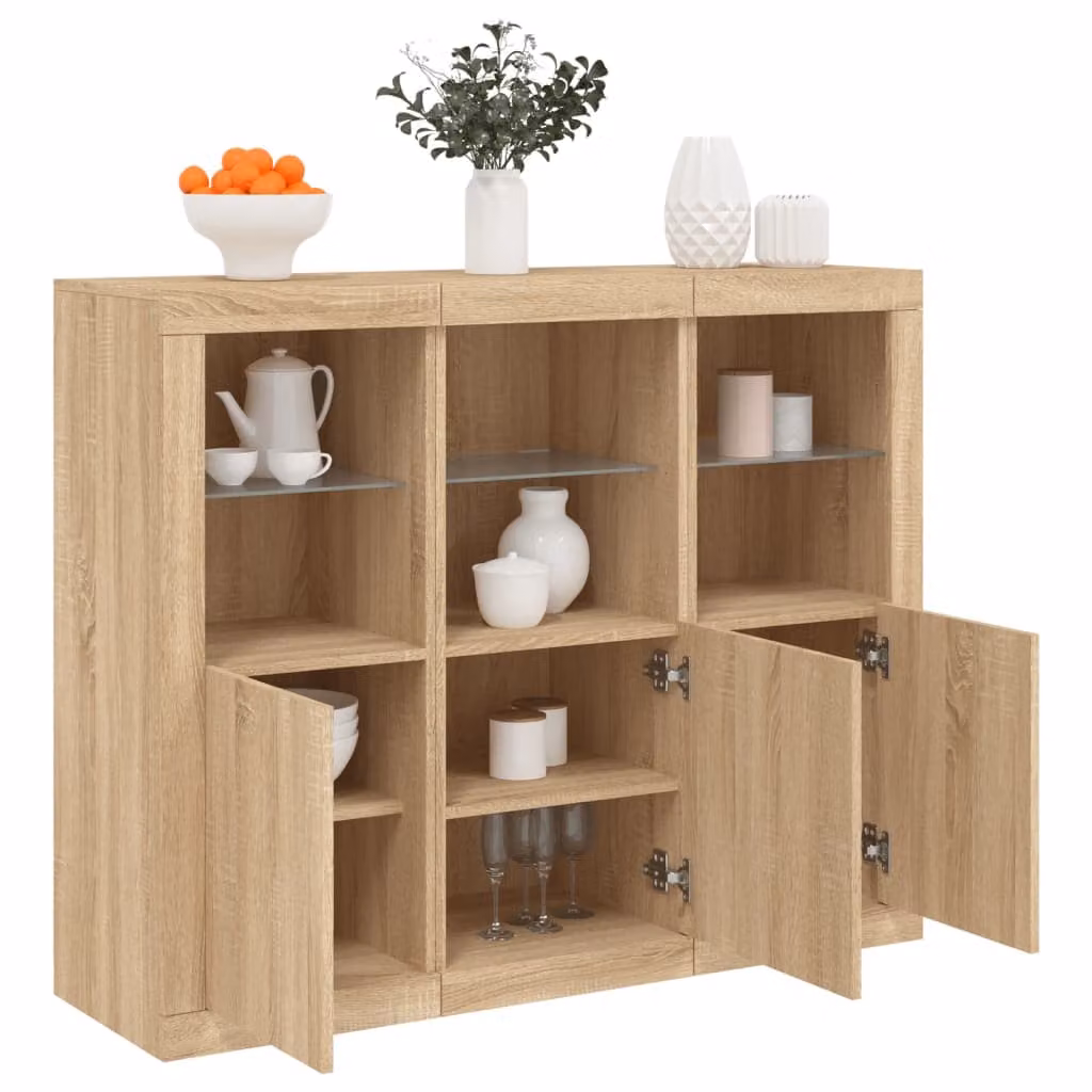 Set di 3 credenze moderne vidaXL con luci LED integrate in legno e MDF, colore rovere marrone