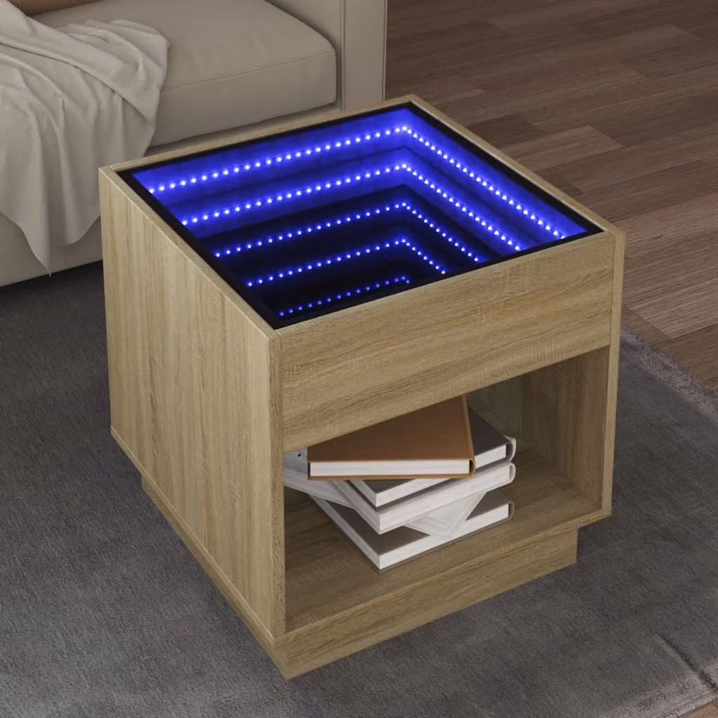 vidaXL Tavolino da Salotto Moderno con LED Infinity in Rovere, L/P/H: 50 x 50 x 50 cm