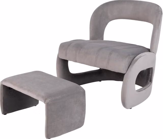 Set di poltrona e pouf Design Mania in velluto grigio con schienale curvo e seduta imbottita – 1