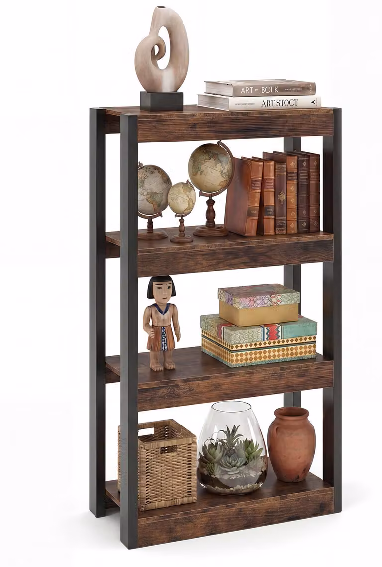 Scaffale KOMFOTTEU a 3/4 ripiani, libreria angolare con struttura in metallo, scaffale verticale in legno, con sistema antiscivolo, ideale per soggiorno o studio (marrone, 4 ripiani)