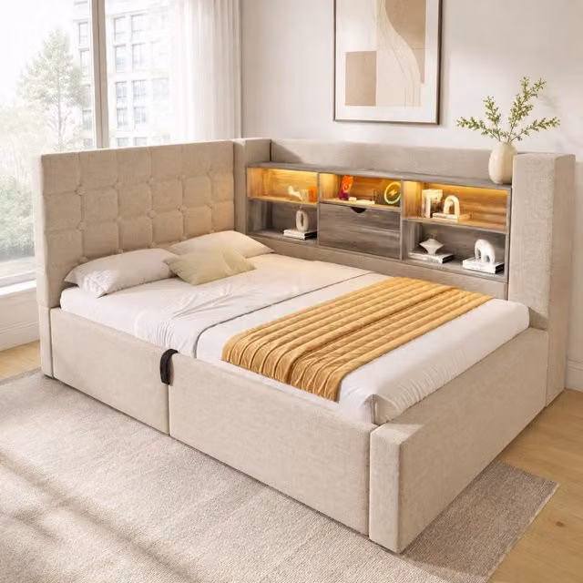 Letto contenitore Mivray con apertura idraulica, testiera a L reversibile, illuminazione LED e porta USB, rivestito in lino beige, L/P: 90 x 190 cm