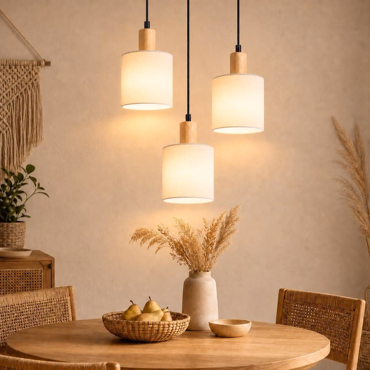Lampada a sospensione a 3 luci, in legno, forma circolare, stile vintage, attacco E14, con altezza regolabile