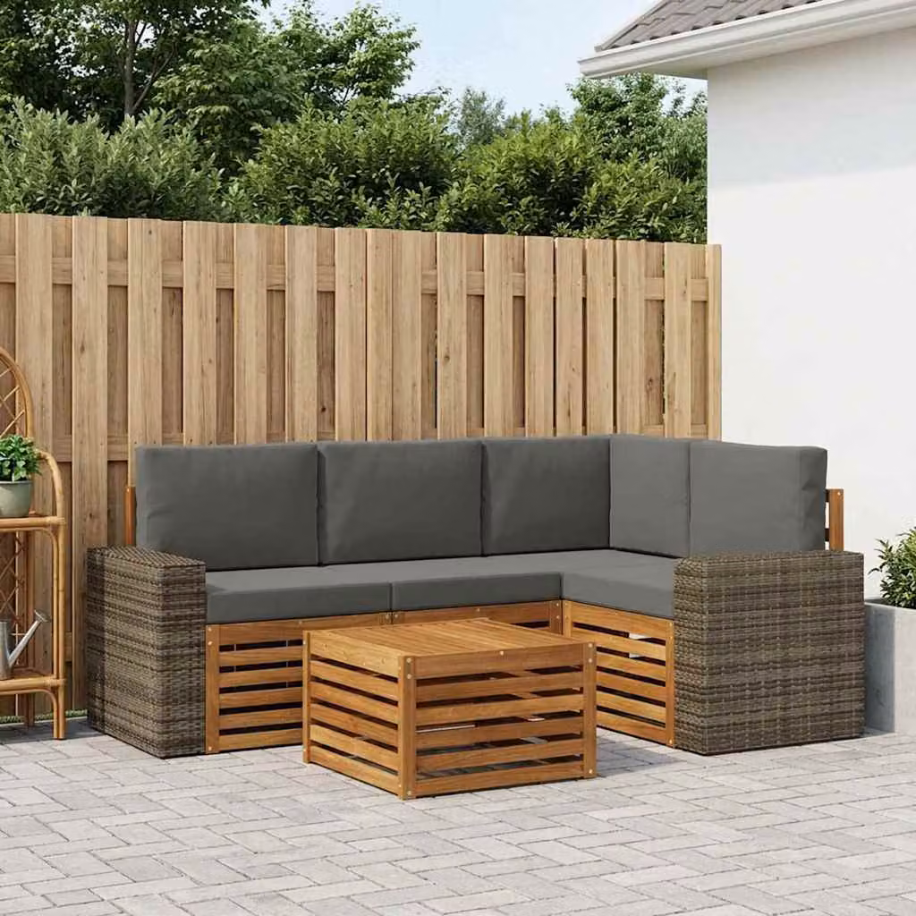 Set di divani da esterno vidaXL a forma di L con tavolino da caffè, struttura in legno di acacia e cuscini in poliestere antracite e beige