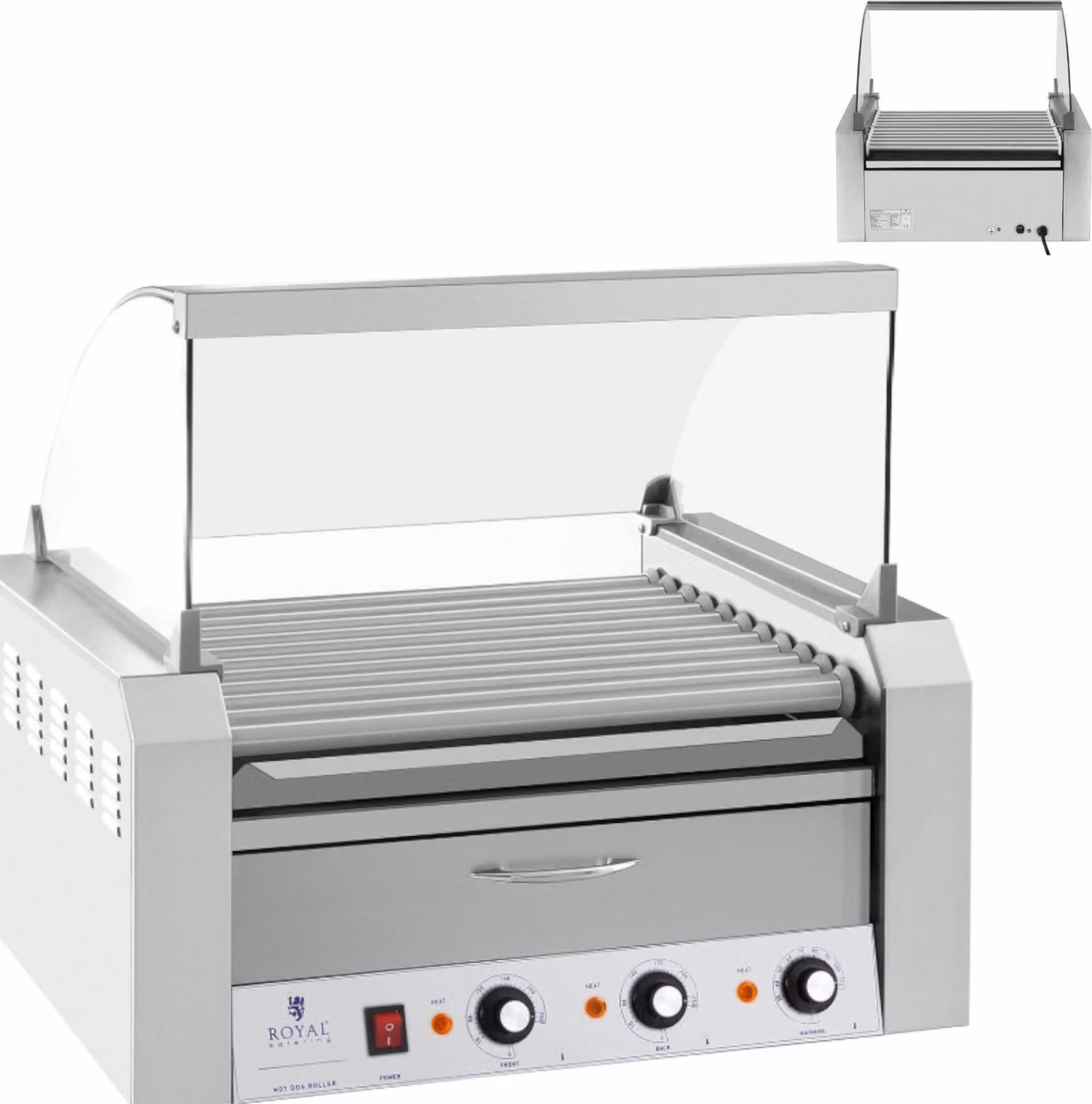 Expondo Royal Catering Griglia per hot dog - 11 rulli - Cassetto scaldavivande - Acciaio inossidabile
