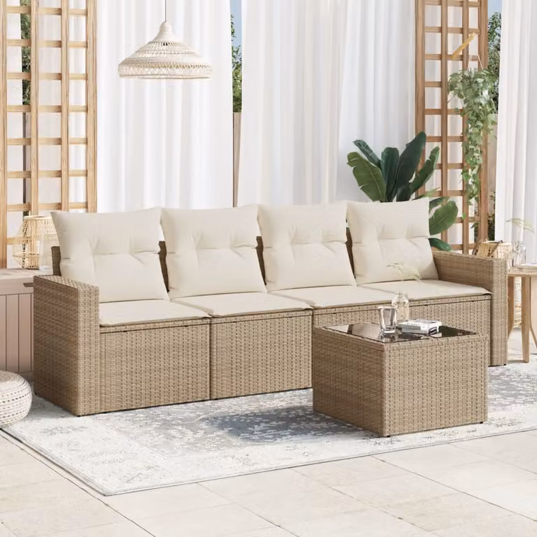 vidaXL Set Divano da Giardino 5 pz Moderno con Cuscini Beige e Tavolino in Vetro