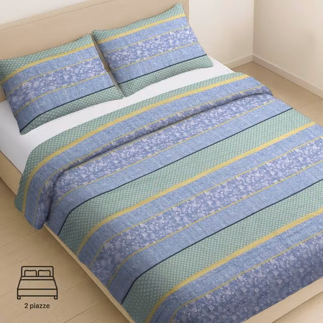 Parure copripiumino e federe a righe KASANOVA in cotone traspirante, colori blu, verde e giallo, L: 140 cm x P: 200 cm