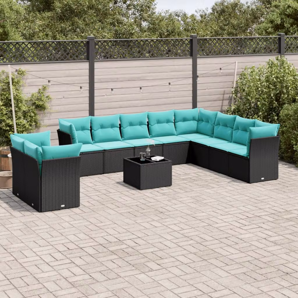 Set Divani da Giardino vidaXL 11 pz in Polyrattan con Cuscini e Tavolino, Design Moderno a U, Colore Nero