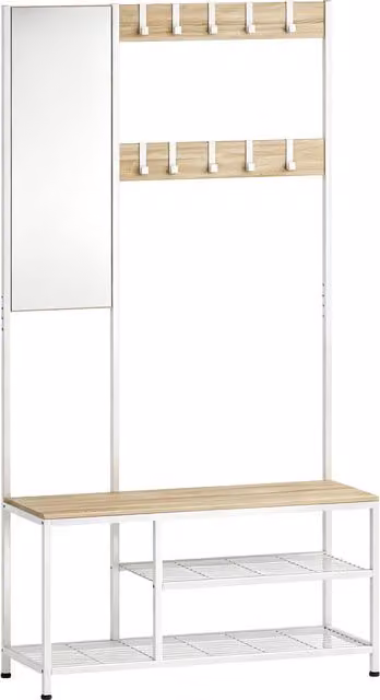 Panca da ingresso 4-in-1 HOMCOM con specchio e porta abiti in legno e metallo, finitura naturale marrone e bianco – 1