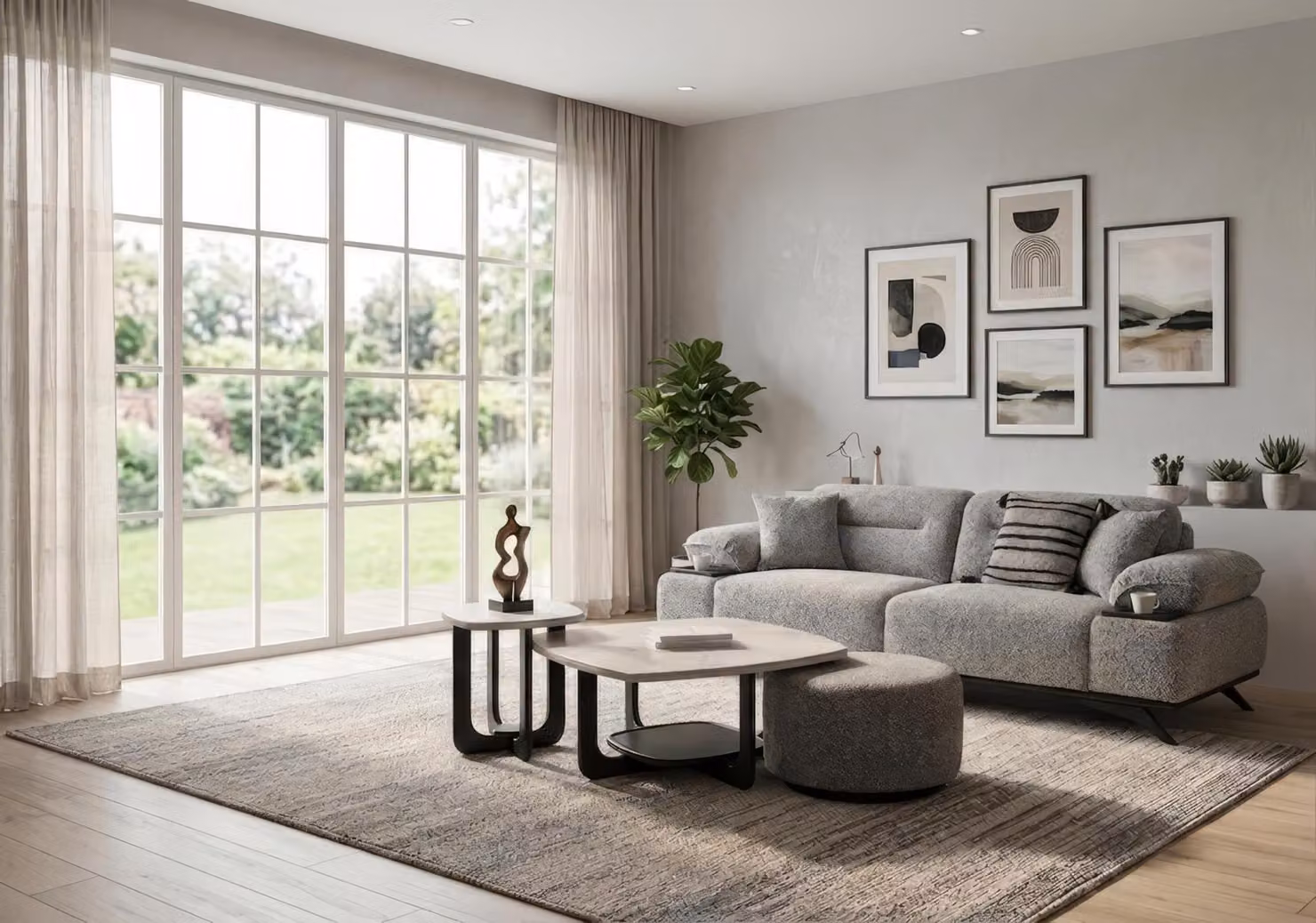 Divano componibile, divano, tavolino, tavolino ausiliario, poggiapiedi, design moderno, grigio, elegante, lusso