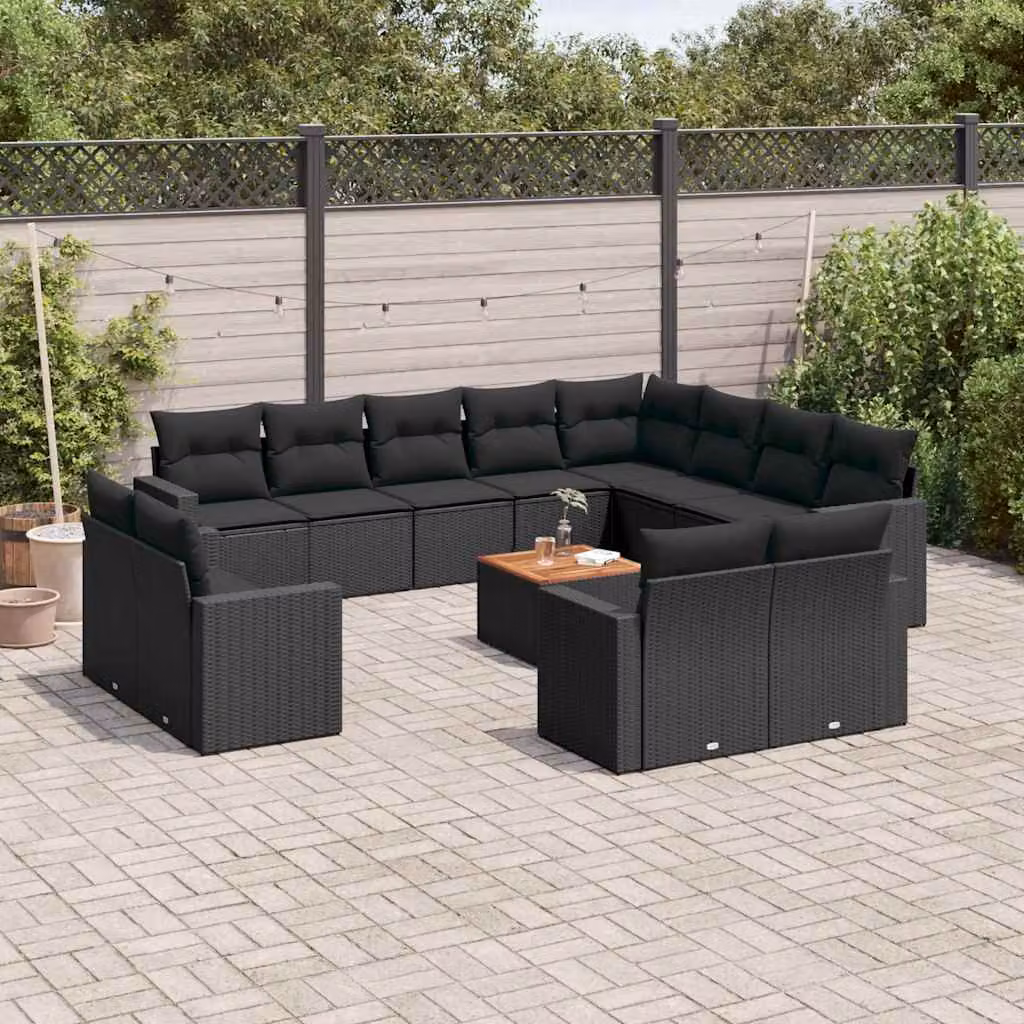 Set di Divani da Giardino a L vidaXL in Polyrattan e Legno di Acacia con Cuscini Neri e Tavolino da Esterno – 1