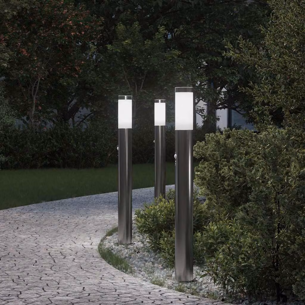 Set di 3 lampioni a dissuasore vidaXL in acciaio inox color argento con sensore di movimento IP44, Altezza: 80 cm