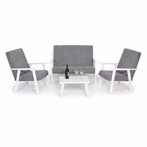 MA MAISON Set Salottino da Giardino in Legno Bianco - Divano, Poltrone, Tavolo, in Tessuto, Imbottito, Braccioli, da Arredo, per Soggiorno, Terrazza, Resistente, Moderna - Made in Italy (Grigio)