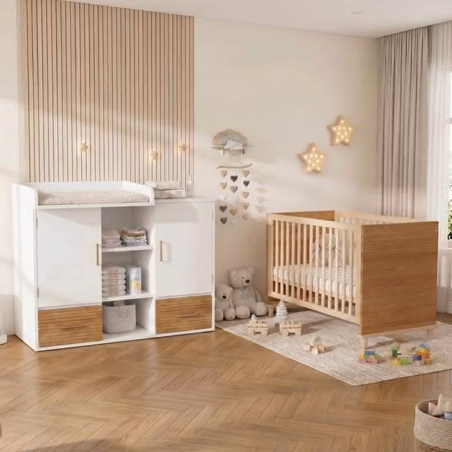Set Letto e Fasciatoio REDOM per Neonati in Legno di Pino e MDF, Colore Naturale e Bianco, Dimensioni: 70 x 140 cm e 114 x 53 cm