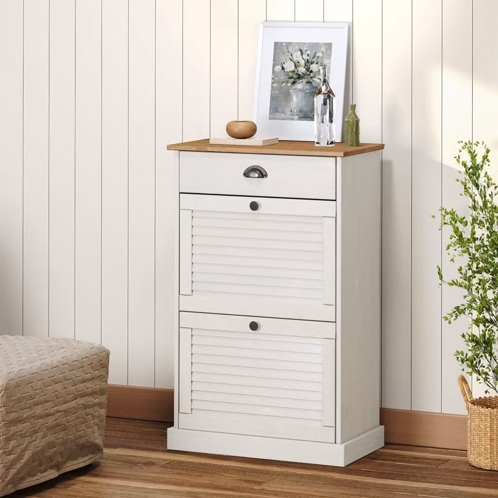 Scarpiera vidaXL VIGO in legno di pino bianco con ante a ribalta e ventilazione, L 60 x P 35 x H 96 cm