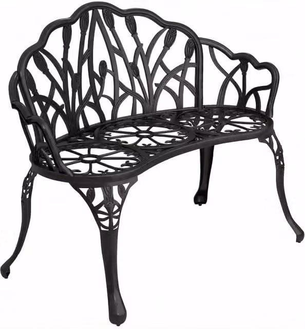 Panchina da giardino a 2 posti WISHDOR in alluminio pressofuso nero con schienale decorativo floreale, L: 99 cm, P: 57 cm, H: 78 cm