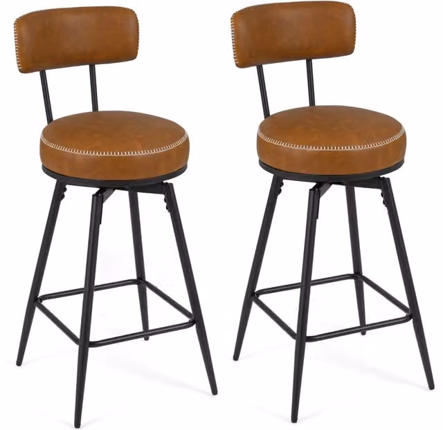 Set di 2 Sgabelli da Bar Girevoli in Ecopelle Marrone con Schienale Imbottito e Gambe in Metallo per Cucina