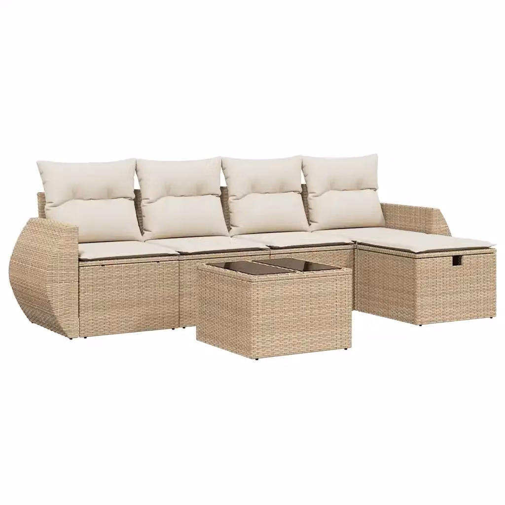vidaXL Set Divano da Giardino a L composto da 6 pezzi con Cuscini Beige e Tavolino in Vetro – 2