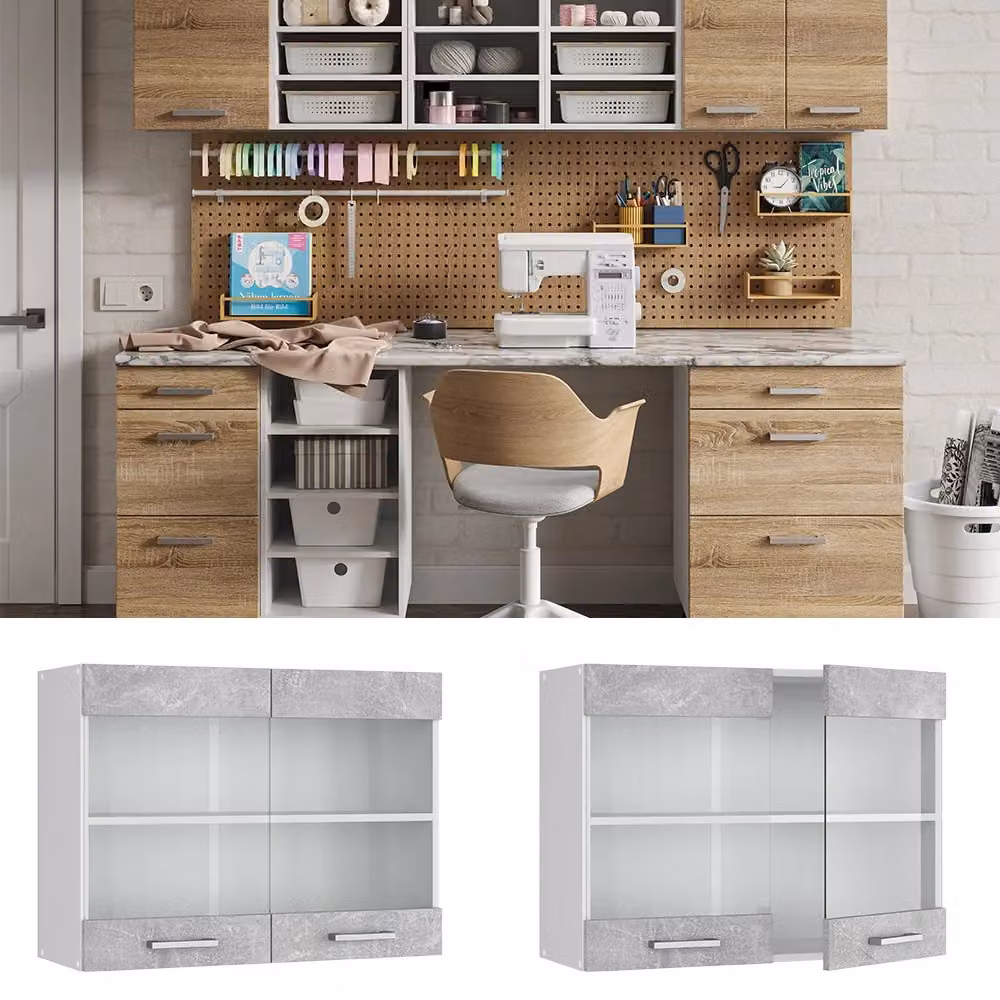 Pensile universale R-Line Vicco con ante in vetro, finitura calcestruzzo, grigio e bianco, L: 80 cm, H: 60 cm, P: 31 cm – 2