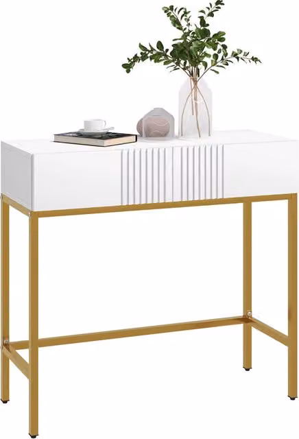 Consolle da ingresso moderna Xylo con 2 cassetti e gambe dorate, colore bianco, L 80 cm x P 31.5 cm x H 75 cm