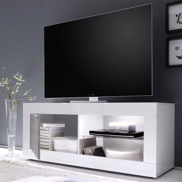 Gambara, Mobile Porta tv 2 Ripiani, 140x43x56h cm Bianco Lucido