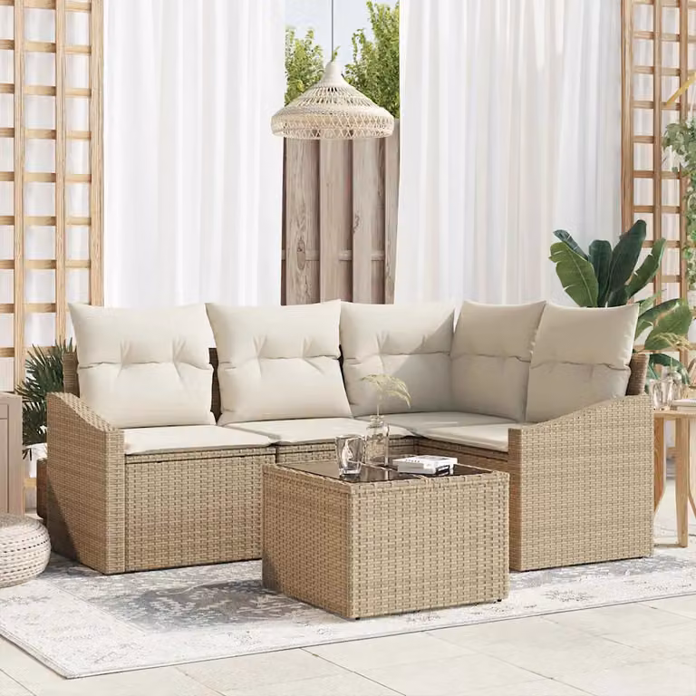 Set Divano da Giardino vidaXL 5 Pezzi in Polyrattan Beige con Cuscini e Tavolino da Esterno