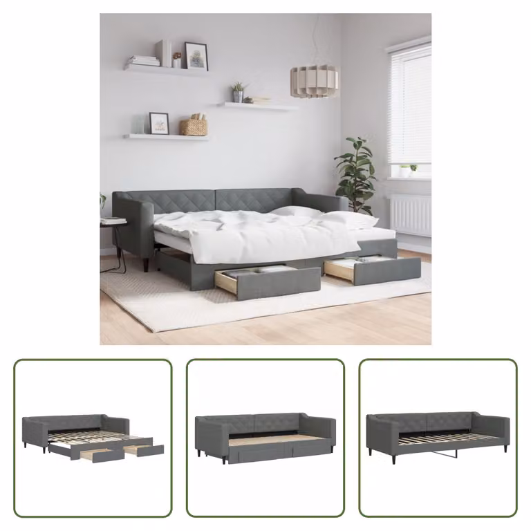 The Living Store Letto da giorno allungabile con cassetti grigio scuro 90x200 cm in tessuto