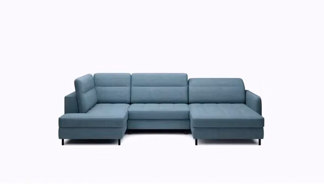 Divano angolare trasformabile BERTHO MEUBLORAMA blu con contenitore, lato destro, L 306 cm