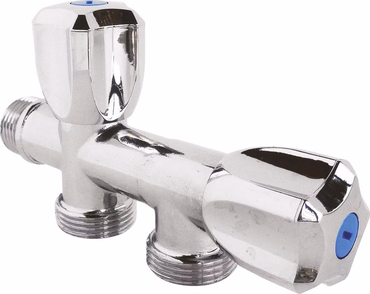 Rubinetto doppio con maniglia a leva, filettatura M1/2" e M3/4", in ottone cromato