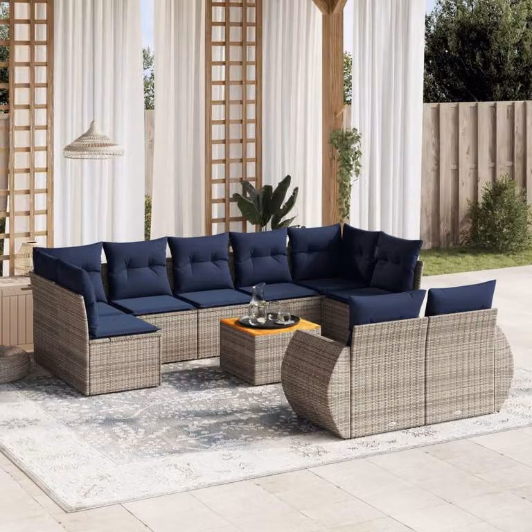 Set di divani da giardino vidaXL in polyrattan con cuscini e tavolino da esterno, composizione a forma di U, colore grigio e blu