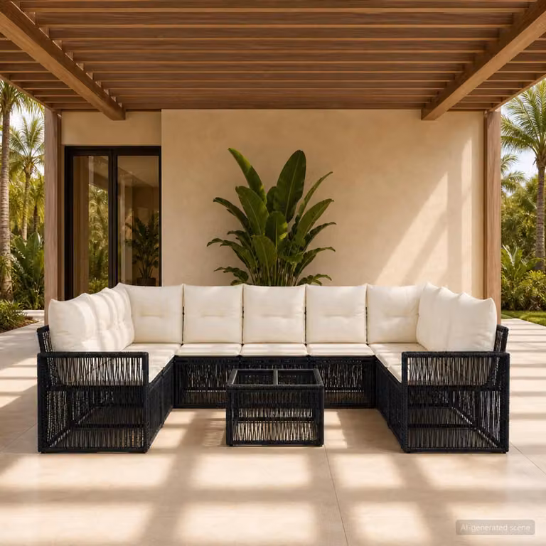 Set Divano da Giardino vidaXL 10 Pezzi in Polyrattan Nero e Bianco Crema con Cuscini e Tavolino da Esterno