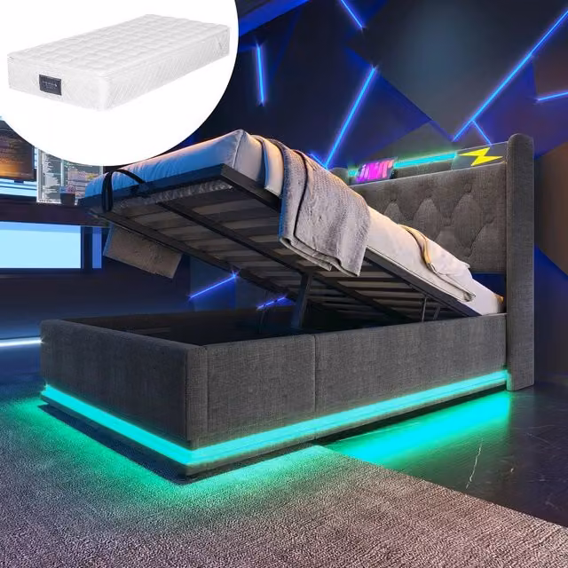 Letto imbottito singolo con LED e contenitore ¨C Minimal ¨C Grigio tessuto 90x200cm con materasso