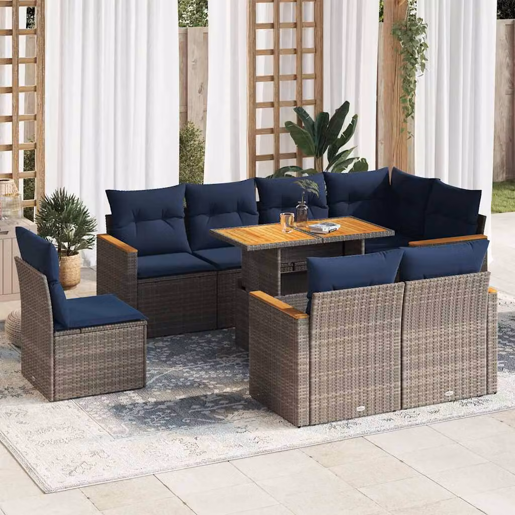 Set Divano da Giardino vidaXL 9 pz a forma di U in Polyrattan con Cuscini e Tavolino, Grigio e Blu