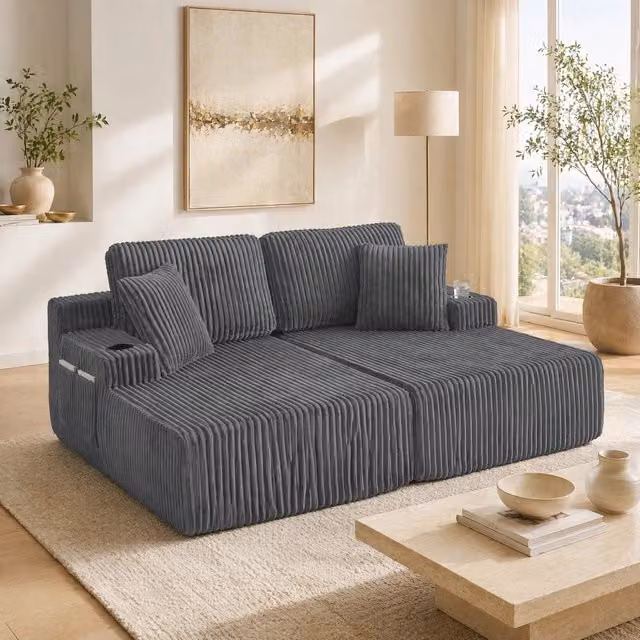 Divano 2 posti con funzione relax e letto; tessuto a coste; tasca laterale e portabicchieri; grigio