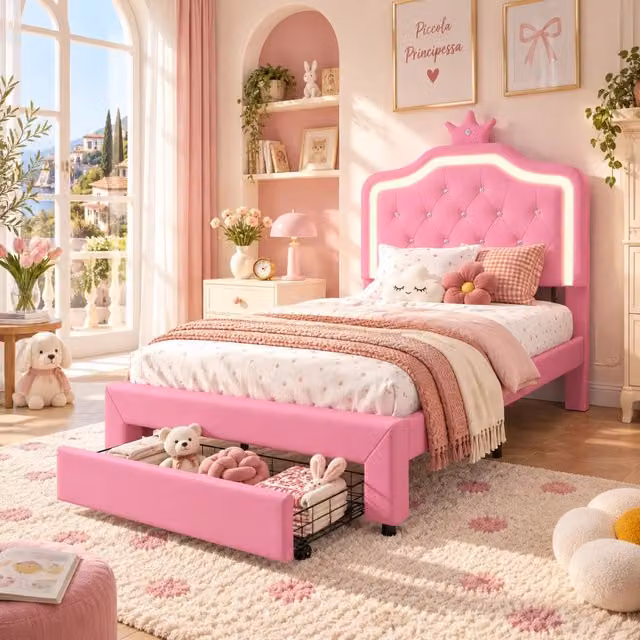 Letto Singolo 90x200 cm, Letto Principessa con 1 Cassetti, Testiera Regolabile, Stile Principessa, Rete a Doghe, Senza Materasso, PU, Rosa