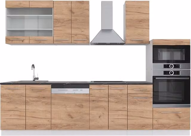 Cucina componibile moderna Fame-Line Vicco Rovere dorato e Bianco, larghezza: 300 cm, con armadio alto e ante con chiusura soft-close