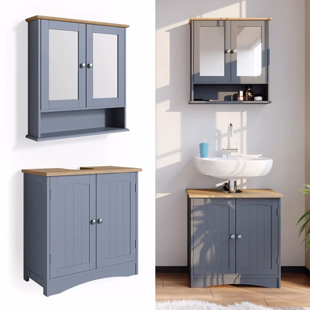 Set mobili bagno Vicco composto da mobile lavabo e pensile con specchio, Bianco e Grigio – 2