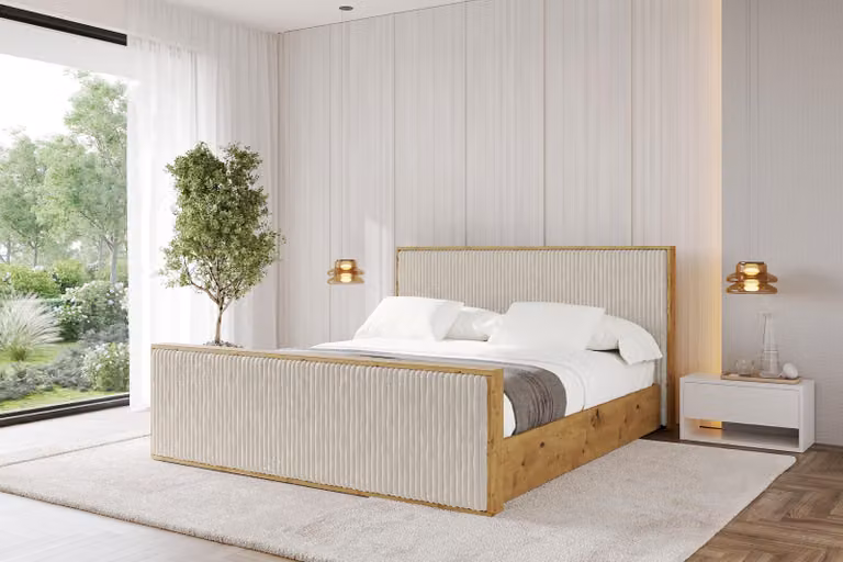 Letto imbottito ALTDECOR con contenitore -ENZO10-Z 200x200 color crema, rete a doghe, letto contenitore con testiera e vano portaoggetti, letto matrimoniale senza materasso