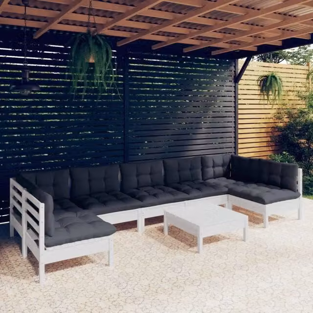 Set Divani da Giardino 8 pz con Cuscini Bianchi Legno di Pino 3097170