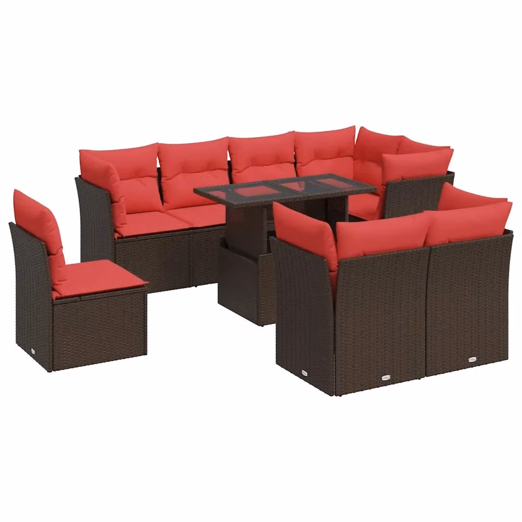 Set da giardino moderno vidaXL composto da 9 pezzi in polyrattan marrone con cuscini e tavolino da caffè per esterno – 2