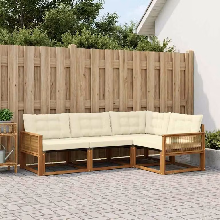 Set di divani da esterno vidaXL a forma di L in legno di acacia con cuscini, colore naturale e crema