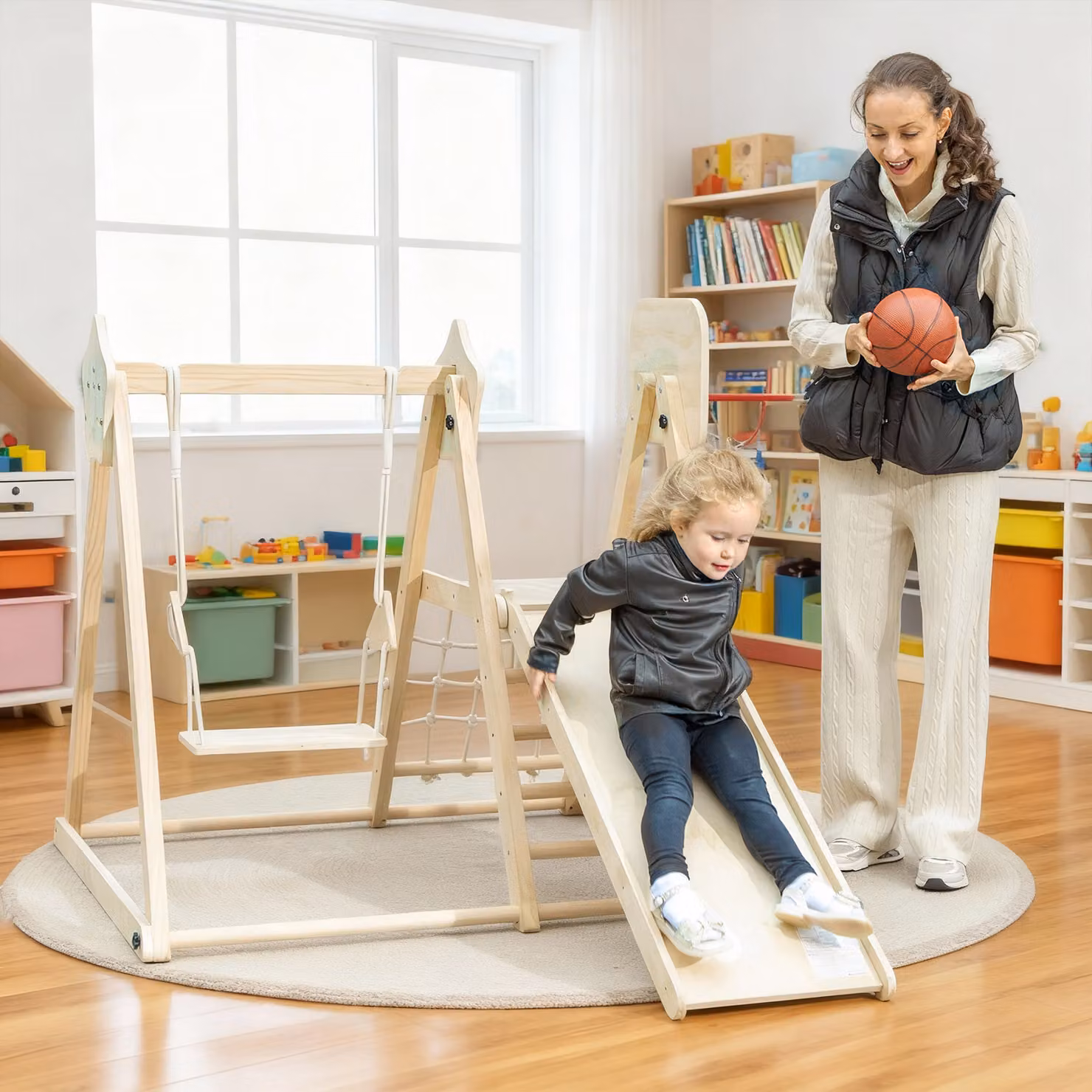 AIYAPLAY Gioco Arrampicata 5 in 1 Pieghevole in Legno con Scivolo, 2 Pareti, Altalena e Canestro, L 140 cm x P 172.5 cm x H 116.5 cm – 2