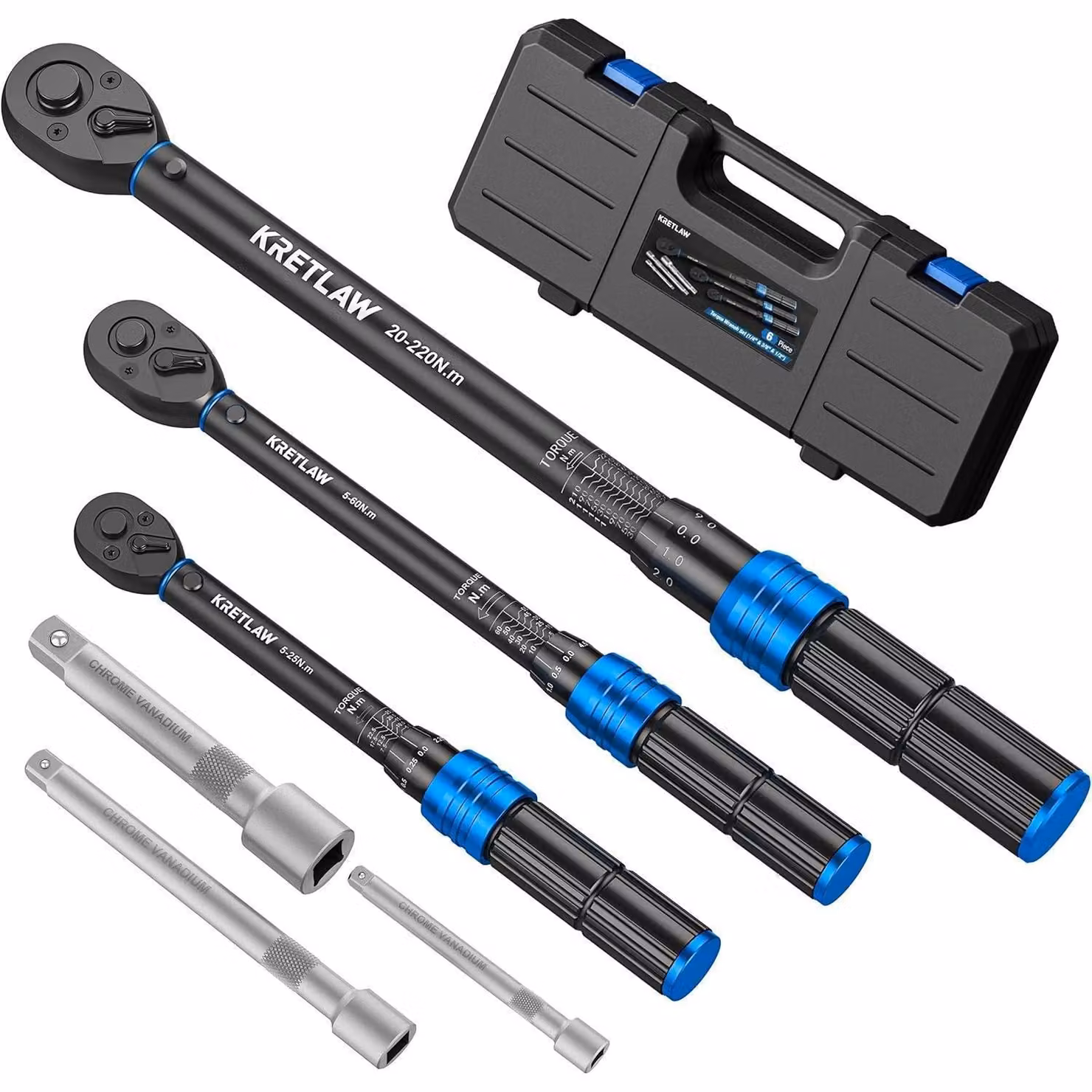 Set di chiavi dinamometriche, 6 pezzi, 1/2", 3/8", 1/4", con gamme da 5-25 Nm, 5-60 Nm e 20-220 Nm, testa a cricchetto a 72 denti e 3 prolunghe