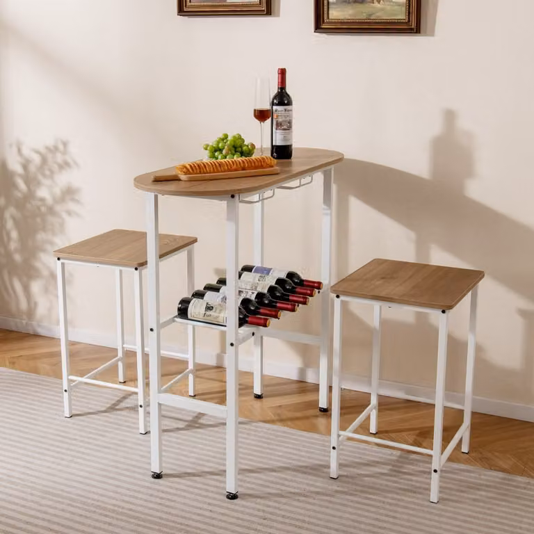Set da pranzo Costway composto da tavolo ovale e 2 sgabelli in legno e metallo, colore naturale beige e marrone
