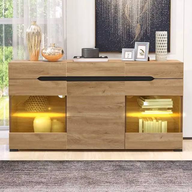 Credenza Moderna con LED ¨C MINIMAL ¨C 3 Ante, 3 Cassetti, Legno, Soggiorno