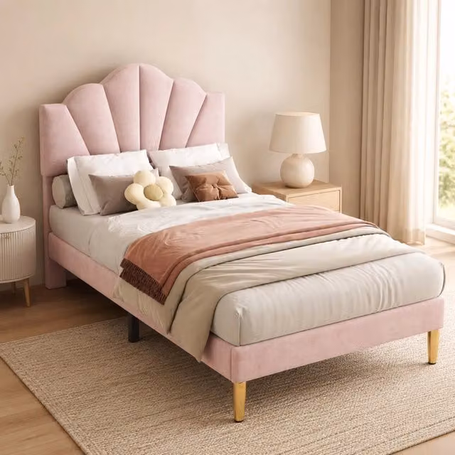 Letto singolo imbottito 90 × 200 cm in velluto rosa con testiera regolabile rete a doghe e gambe dorate